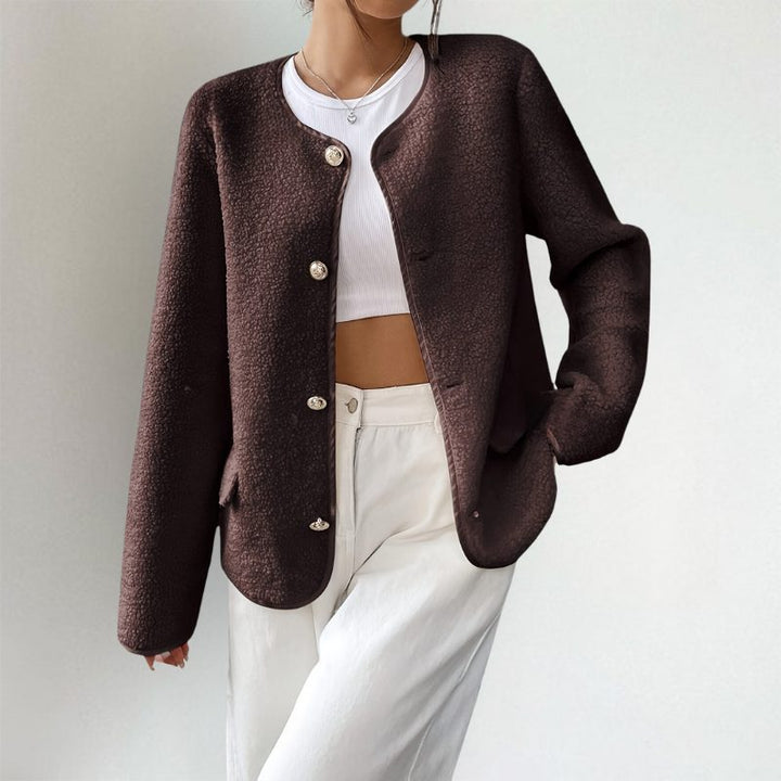 Women's dark brown collarless cardigan with buttons, long sleeves and front pockets
