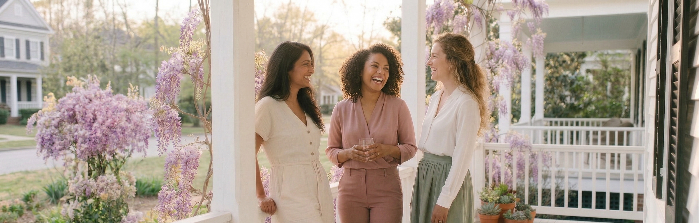 Three women standing on a porch with flowering trees and a house in the background