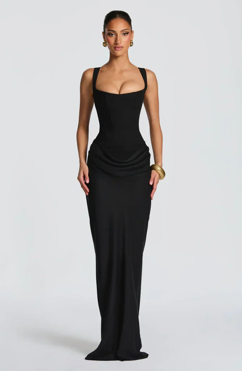 Women's fitted sleeveless maxi dress with square neckline and ruched side detail