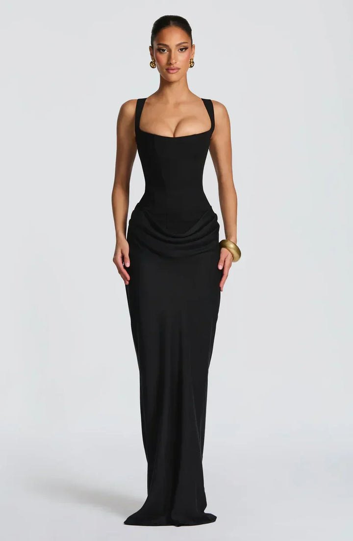 Women's fitted sleeveless maxi dress with square neckline and ruched side detail