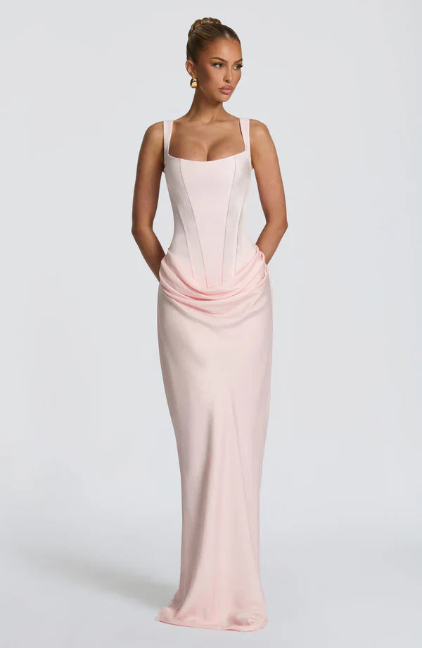 Women's fitted sleeveless maxi dress with square neckline and ruched side detail