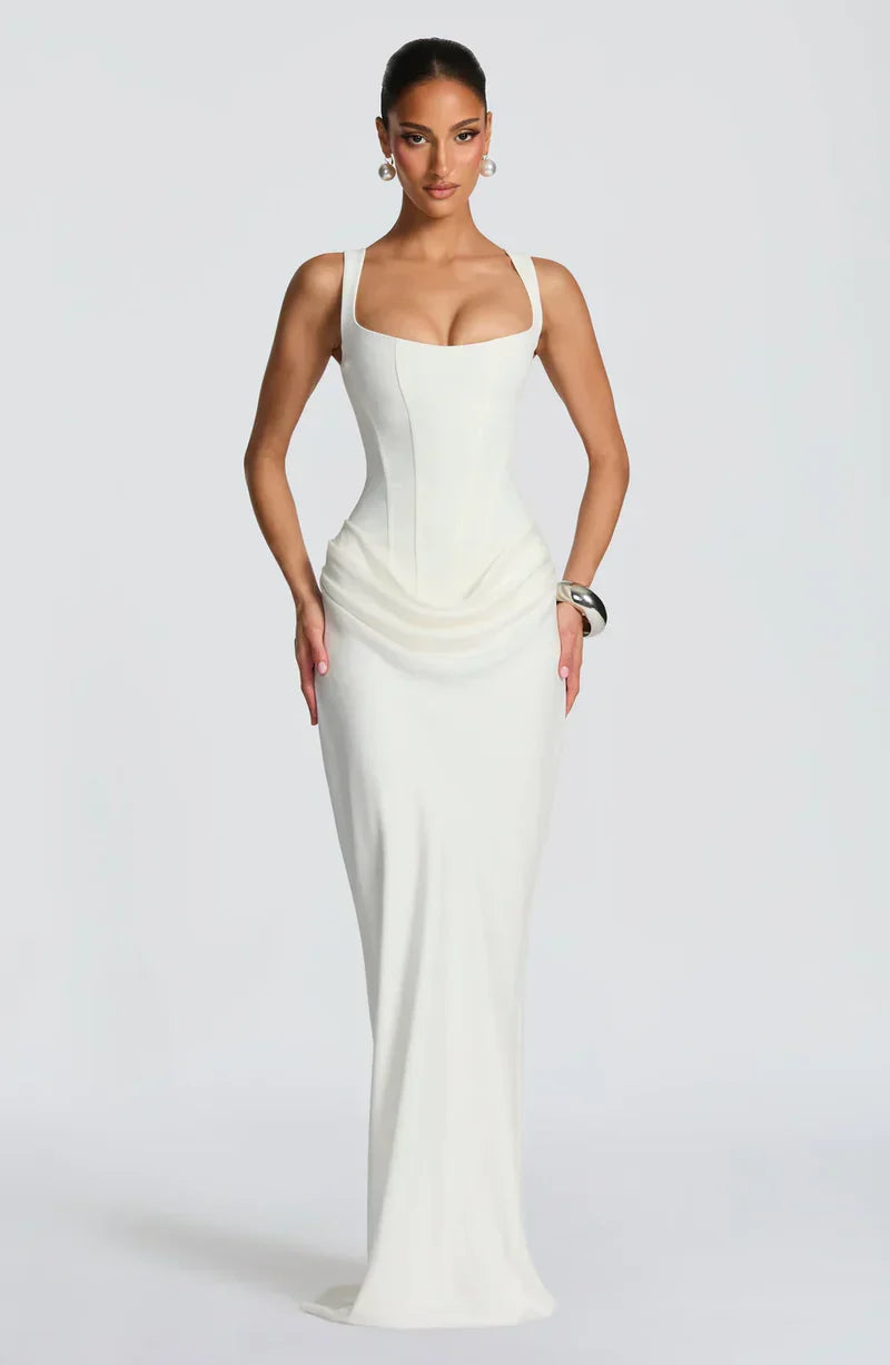 Women's fitted sleeveless maxi dress with square neckline and ruched side detail