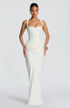 Women's fitted sleeveless maxi dress with square neckline and ruched side detail