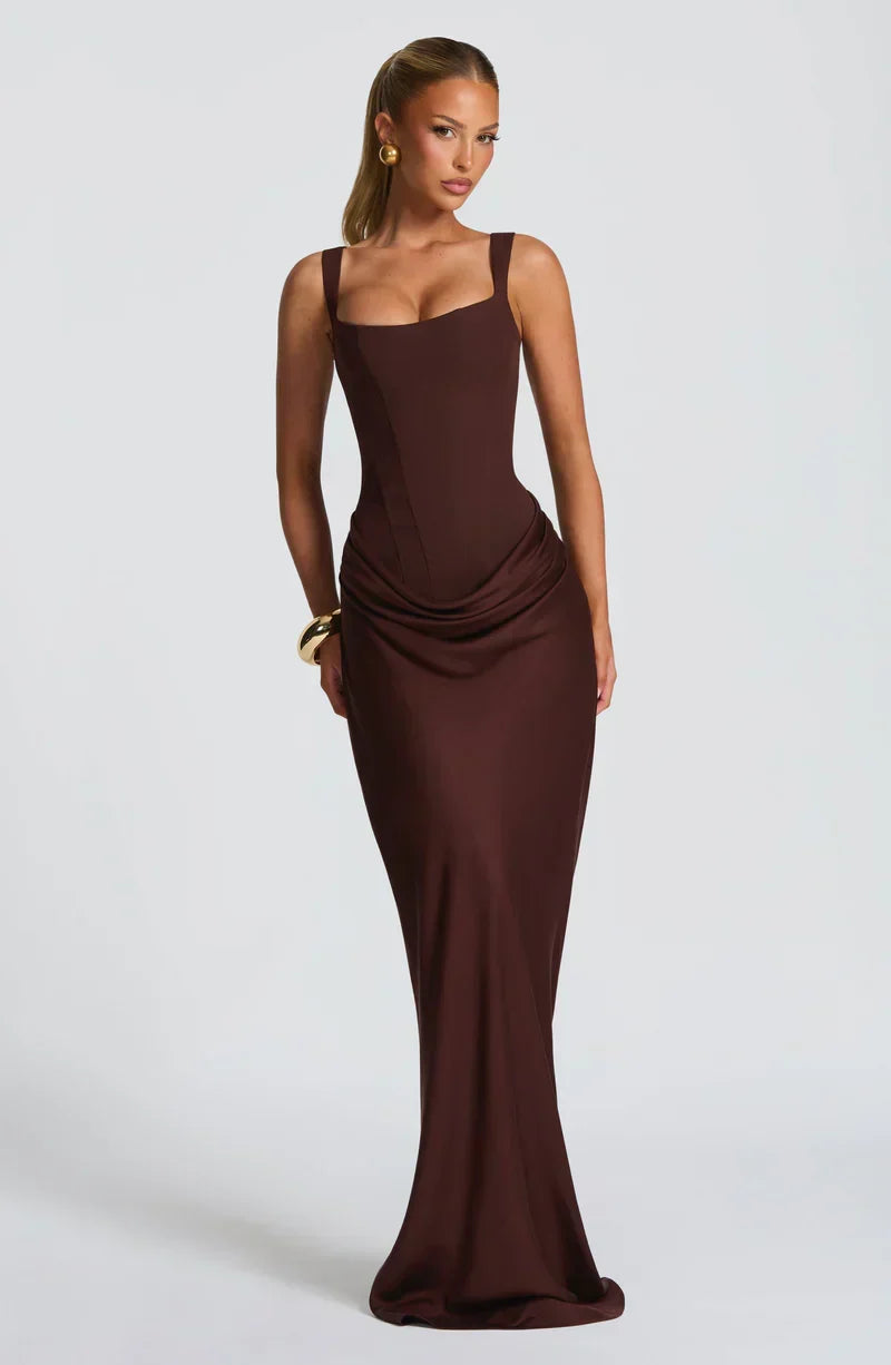 Women's fitted sleeveless maxi dress with square neckline and ruched side detail