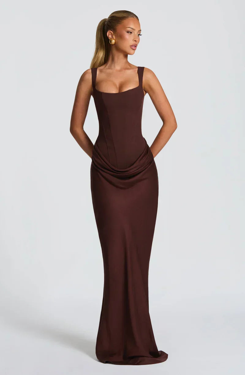 Women's fitted sleeveless maxi dress with square neckline and ruched side detail