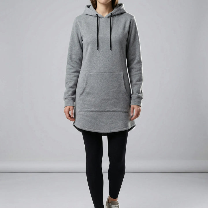 Women's hooded tunic sweatshirt with long sleeves and kangaroo pocket
