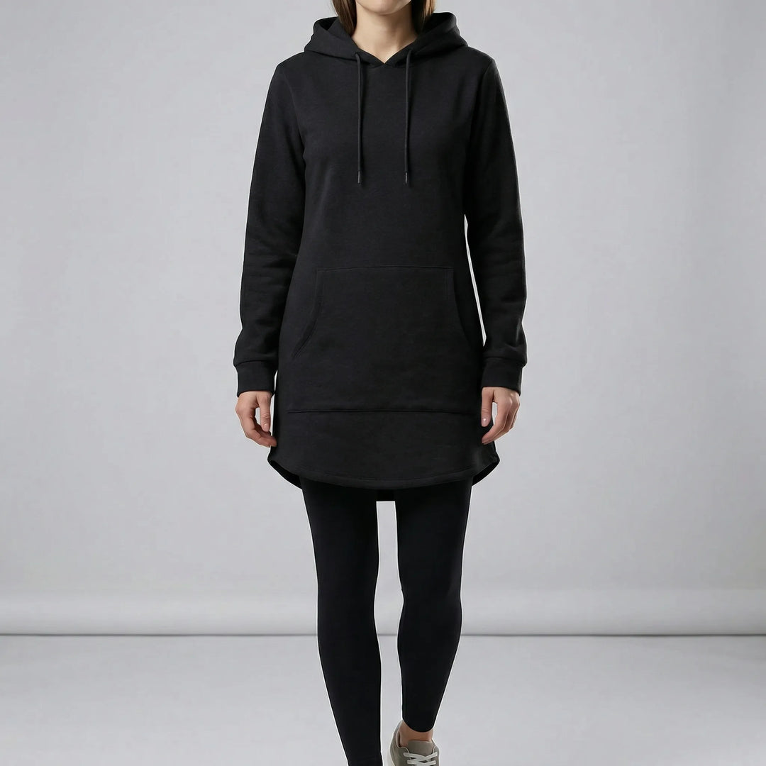 Women's hooded tunic sweatshirt with long sleeves and kangaroo pocket