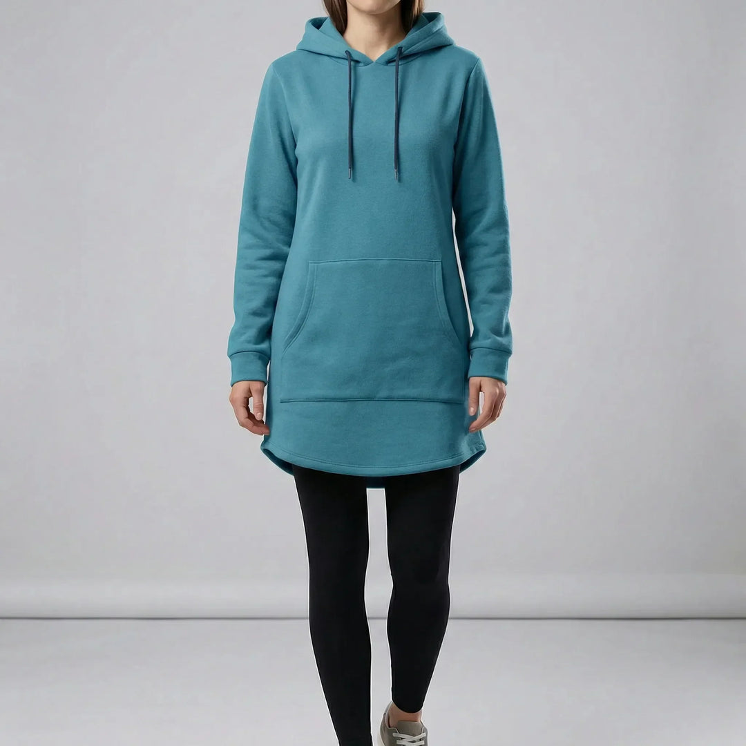 Women's hooded tunic sweatshirt with long sleeves and kangaroo pocket