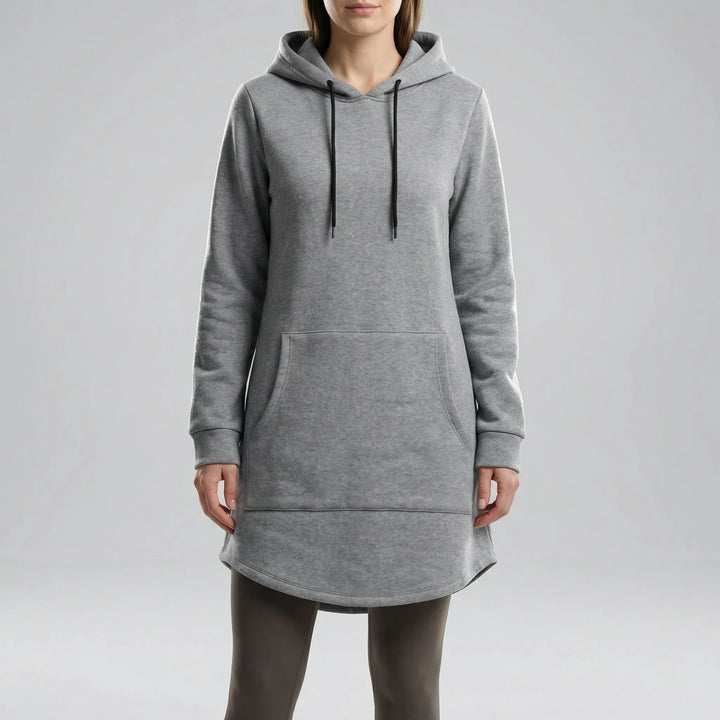 Women's hooded tunic sweatshirt with long sleeves and kangaroo pocket
