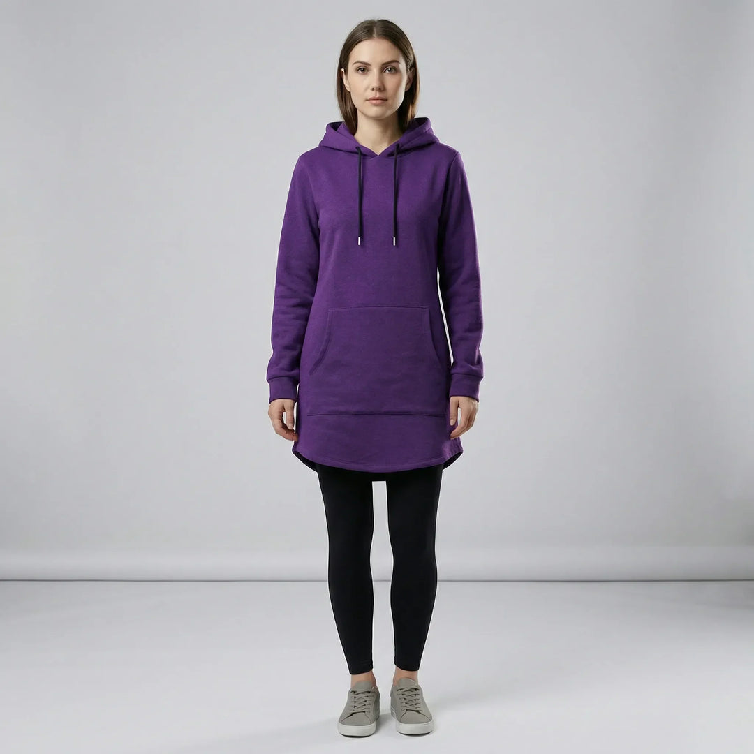 Women's hooded tunic sweatshirt with long sleeves and kangaroo pocket