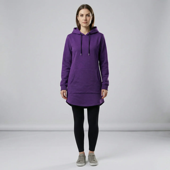 Women's hooded tunic sweatshirt with long sleeves and kangaroo pocket