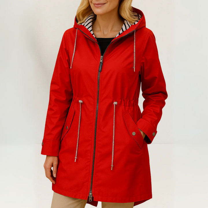 Women's longline hooded parka jacket with drawstrings and zip front