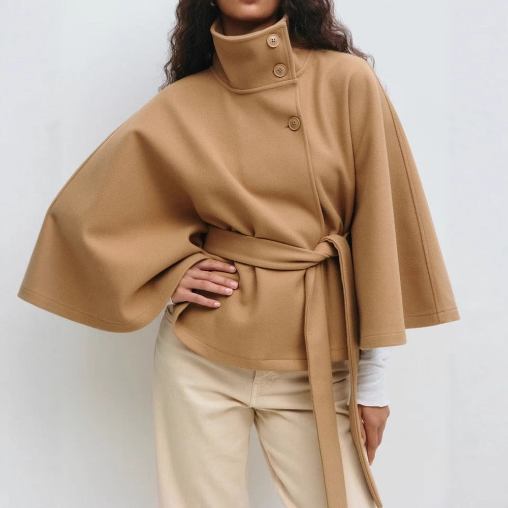 Women's belted cape coat with high collar and button front