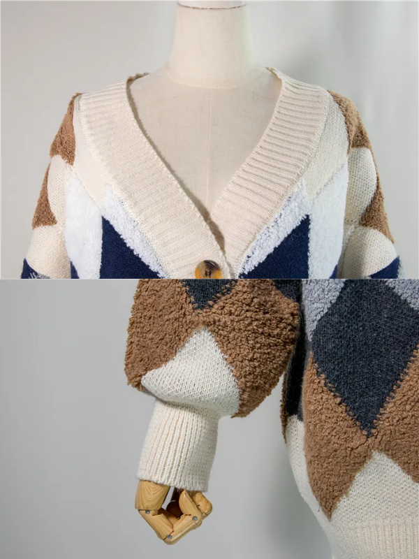 Women's multicolor argyle knit cardigan with buttons and long sleeves