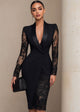 Women's black lace blazer midi dress with shawl collar and long lace sleeves