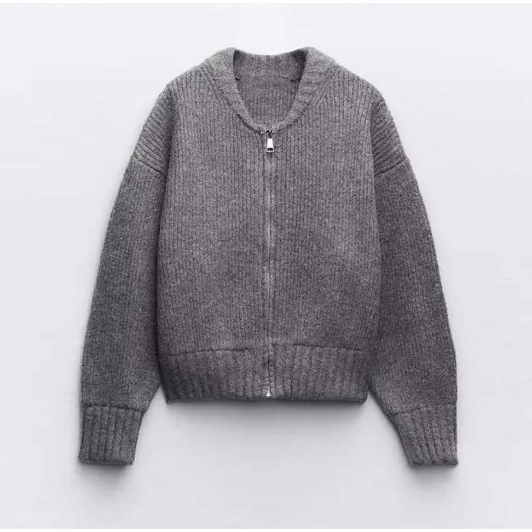 Women's zip-up knit cardigan with high collar and long sleeves