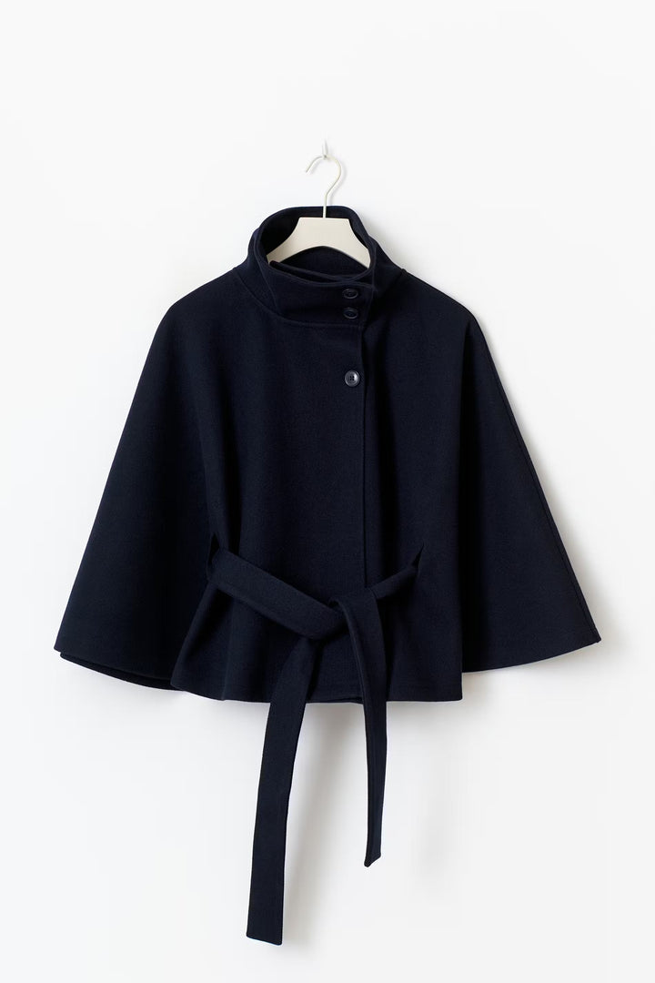 Women's belted cape coat with high collar and button front