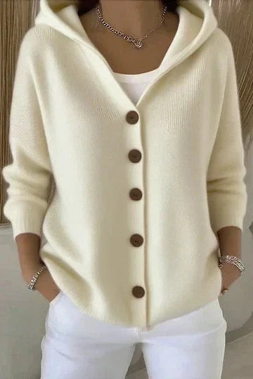 Women's hooded knit cardigan with button front and long sleeves