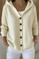 Women's hooded knit cardigan with button front and long sleeves