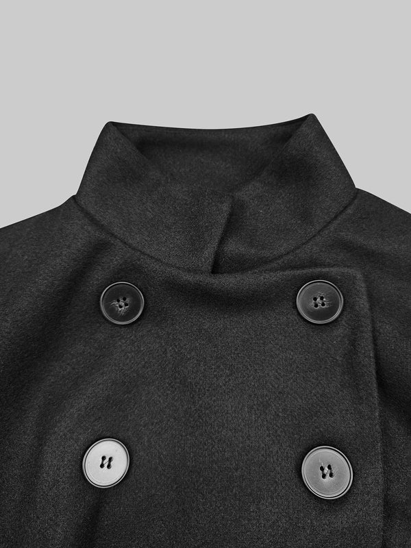 Women's black high neck cape coat with buttons and flared sleeves