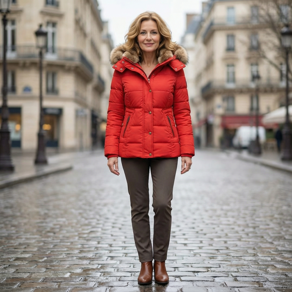 Women's quilted hooded winter jacket with plush-looking trim