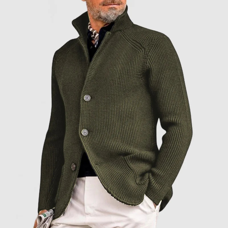 Men's textured knit cardigan with stand collar, button front and patch pockets
