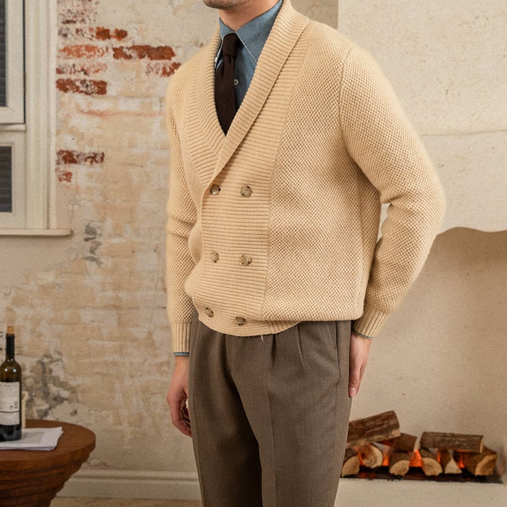 Men's textured knit cardigan with shawl collar and button front