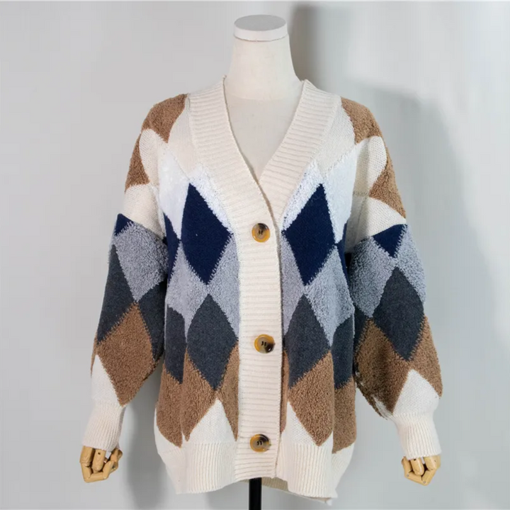 Women's multicolor argyle knit cardigan with buttons and long sleeves