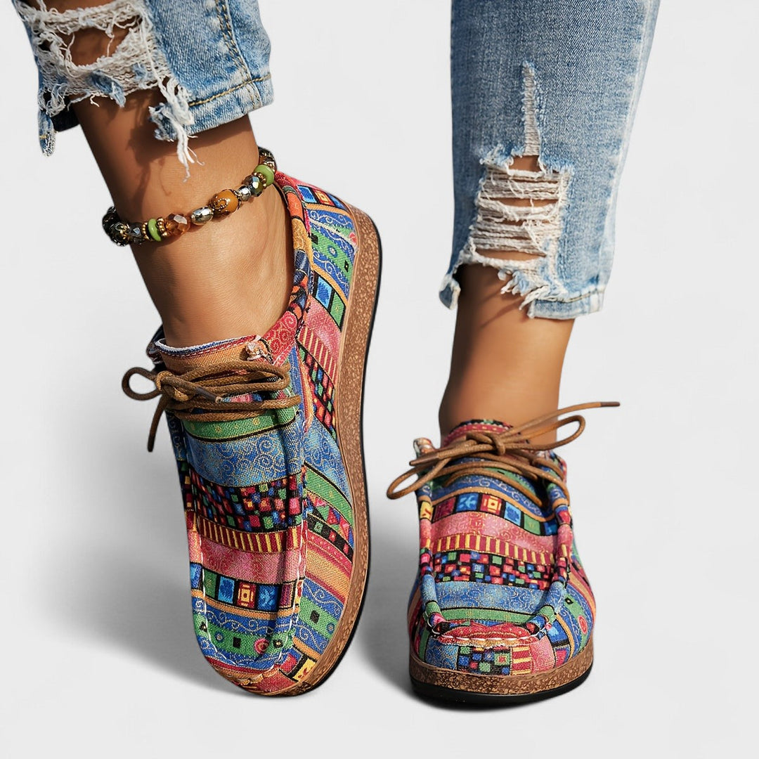 Printed Canvas Lace-Up Sneakers for Women, Flatform Sole