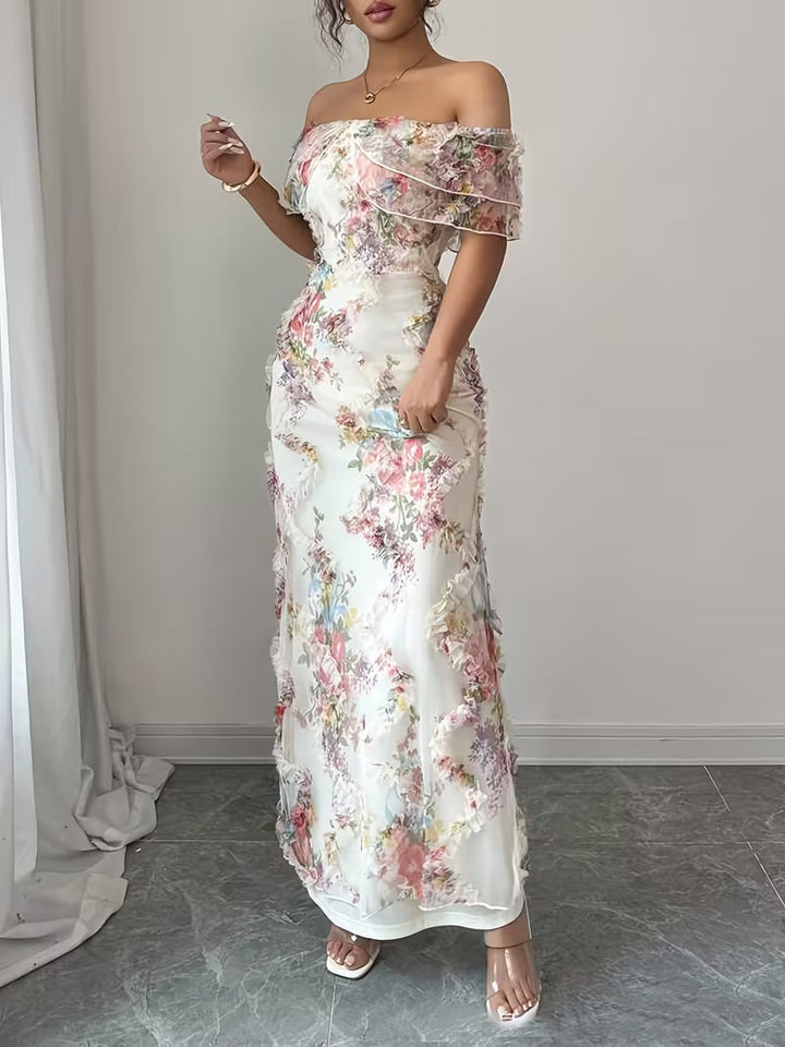 Women's off-shoulder maxi dress with short ruffled sleeves and floral embroidery