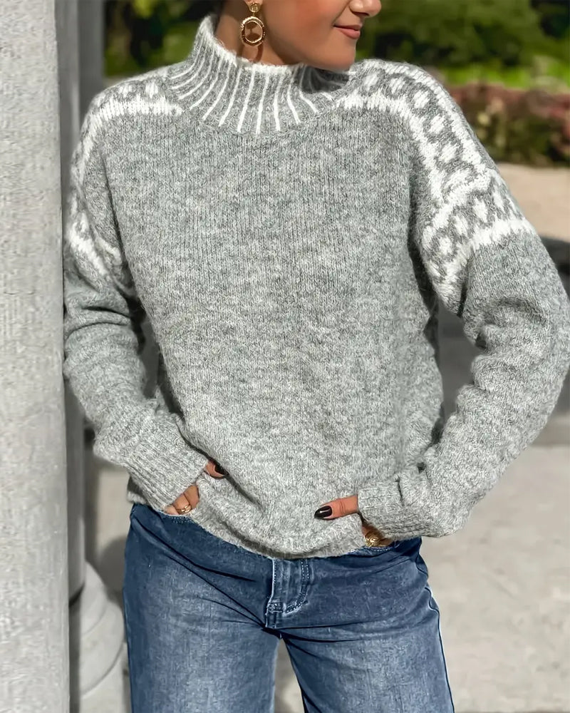 Women's gray sweater with white Nordic pattern, mock neck and long sleeves