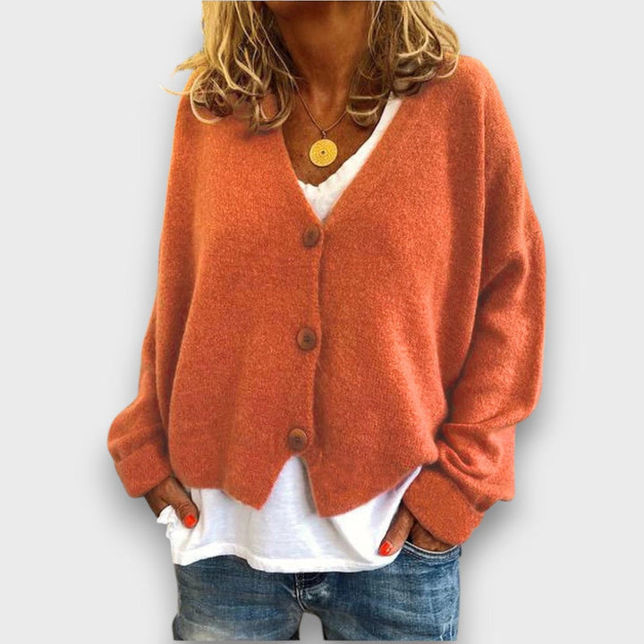 Women's V-neck knit cardigan with long sleeves and button front