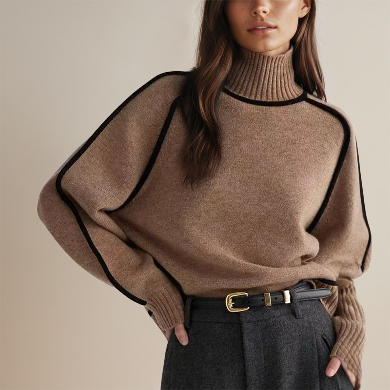 Women's turtleneck sweater with contrast trim and long sleeves