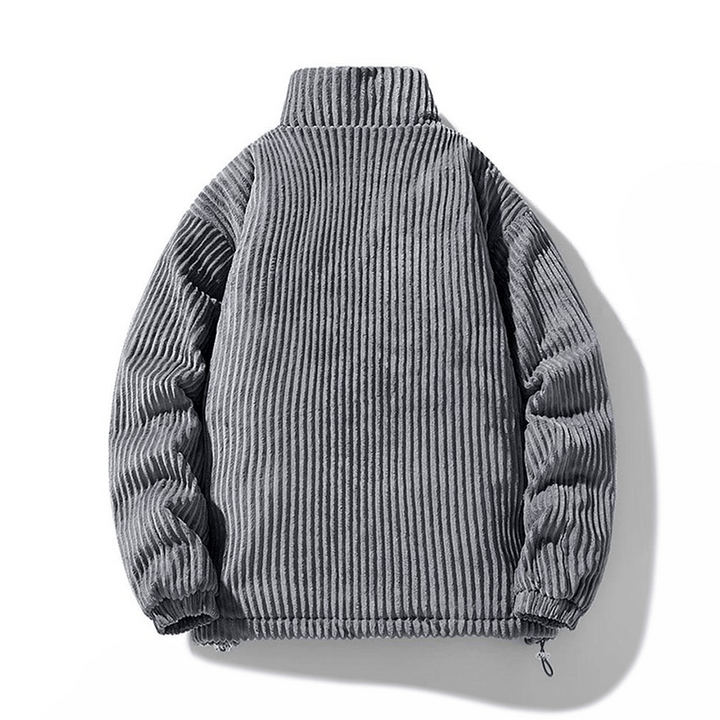 Ribbed puffer jacket with high collar and zip front