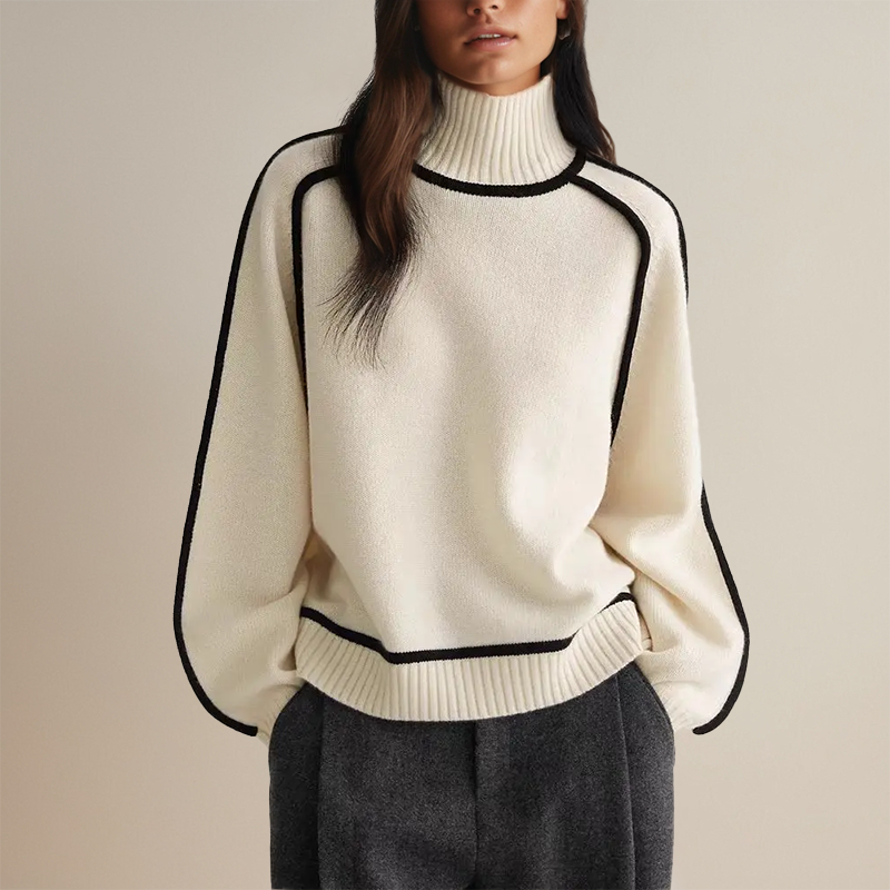 Women's turtleneck sweater with contrast trim and long sleeves