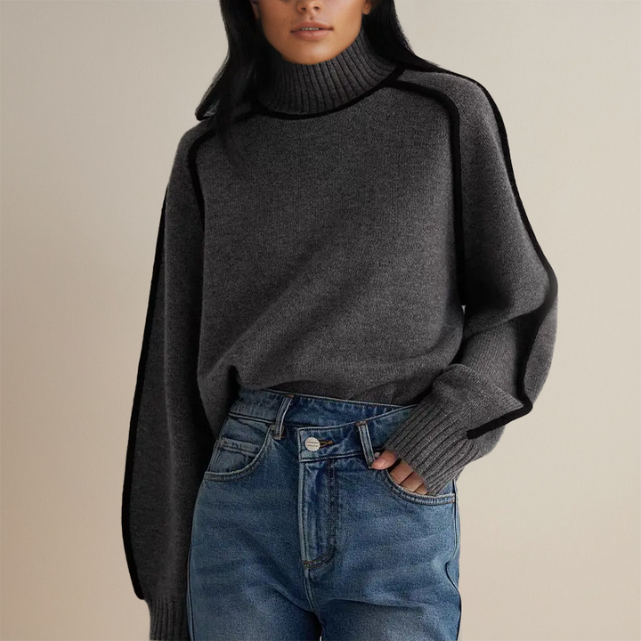 Women's turtleneck sweater with contrast trim and long sleeves