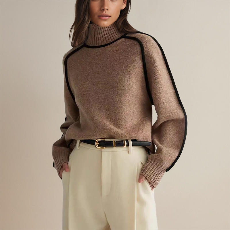 Women's turtleneck sweater with contrast trim and long sleeves