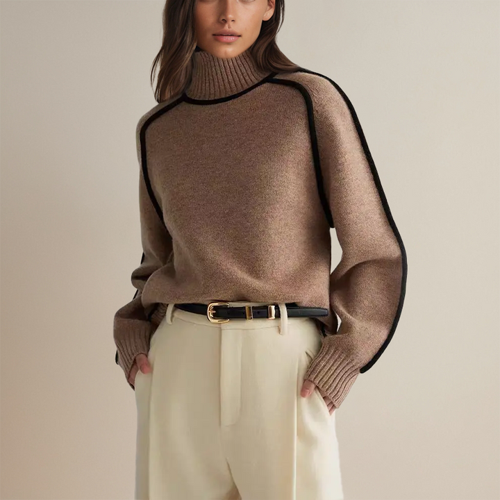 Women's turtleneck sweater with contrast trim and long sleeves