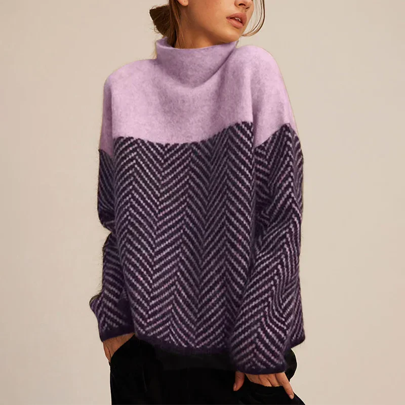 Women's funnel neck sweater with contrasting chevron pattern