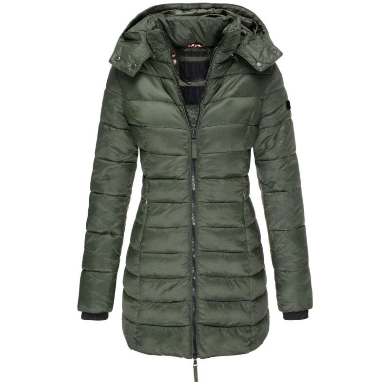 Women's longline quilted hooded jacket with zip front