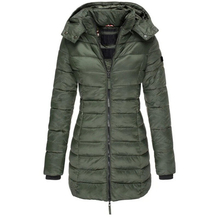 Women's longline quilted hooded jacket with zip front