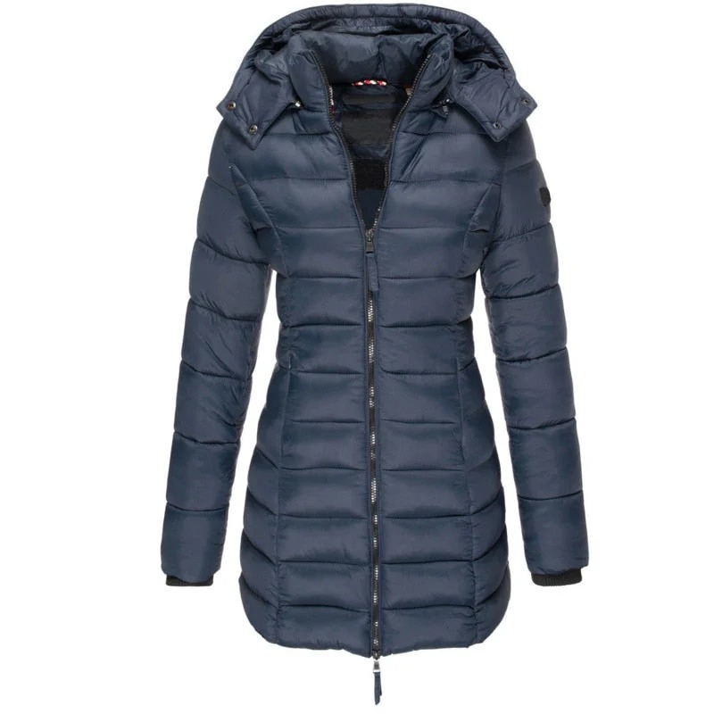Women's longline quilted hooded jacket with zip front