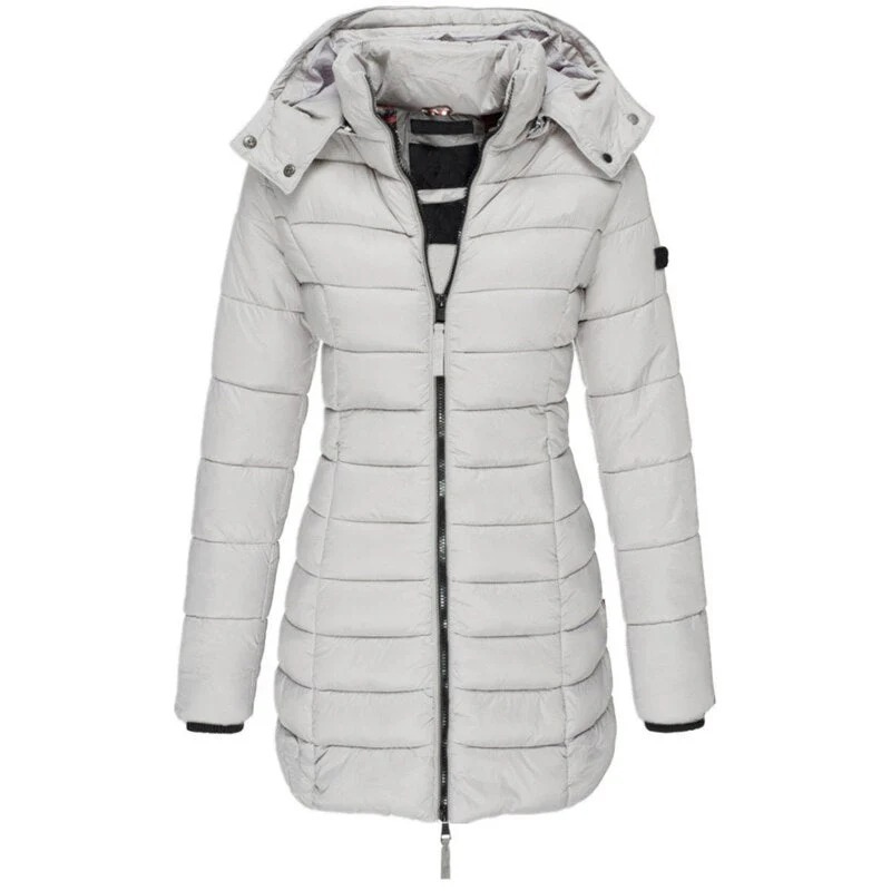 Women's longline quilted hooded jacket with zip front