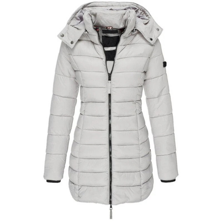 Women's longline quilted hooded jacket with zip front