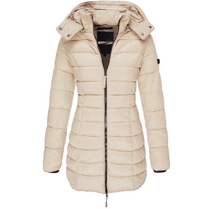 Women's longline quilted hooded jacket with zip front