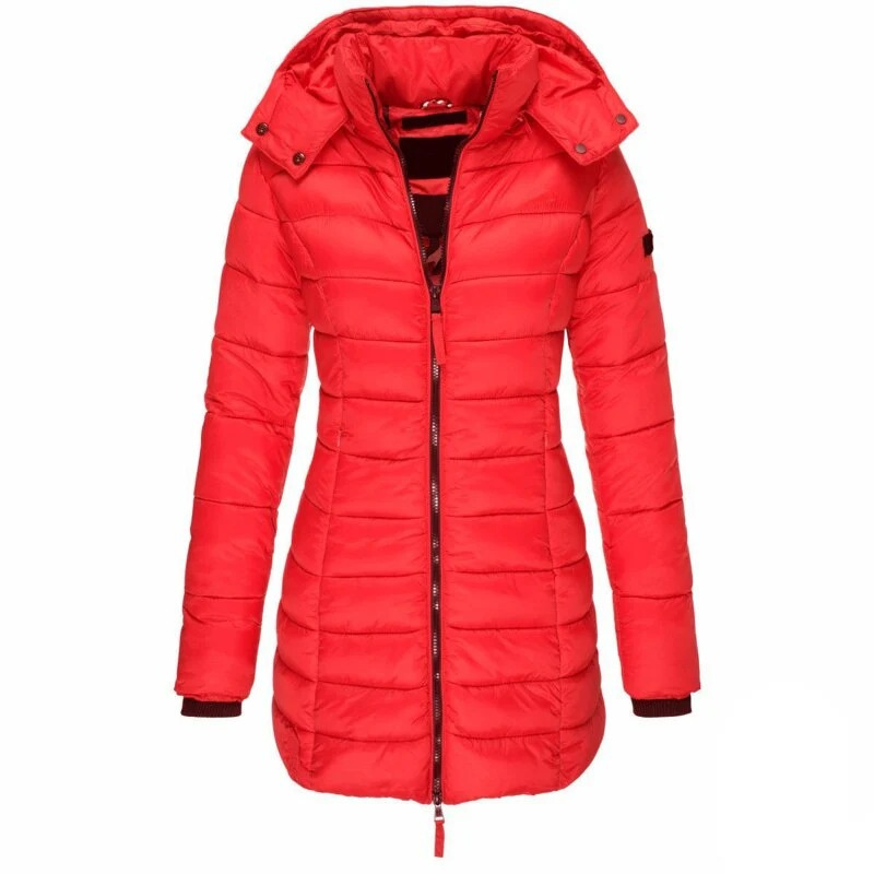 Women's longline quilted hooded jacket with zip front