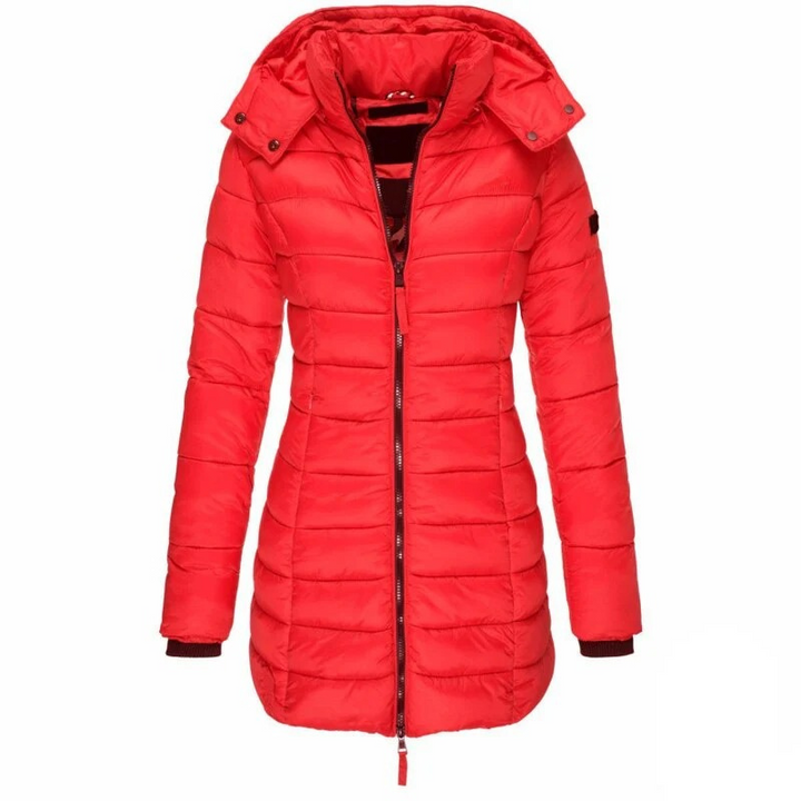 Women's longline quilted hooded jacket with zip front