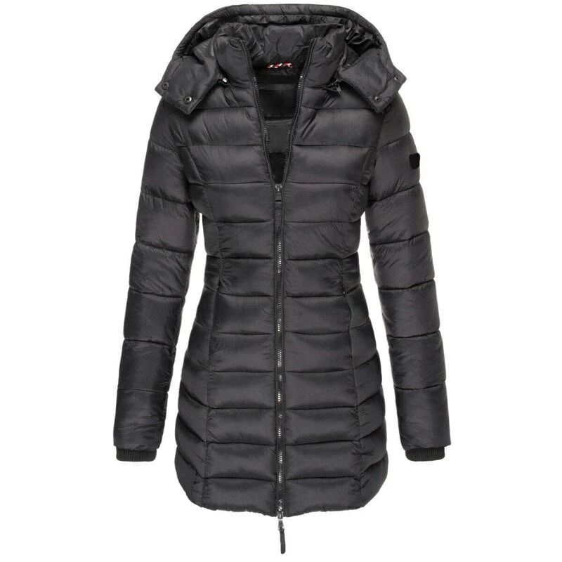 Women's longline quilted hooded jacket with zip front