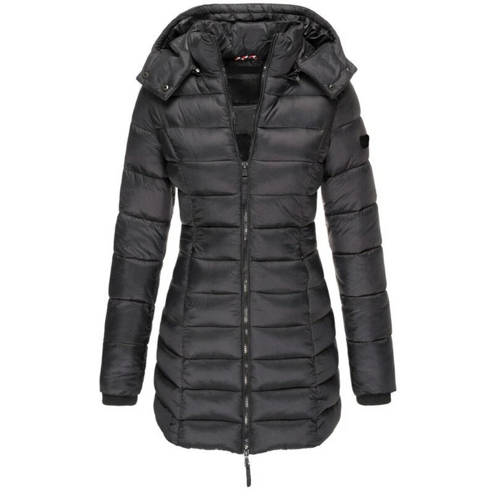 Women's longline quilted hooded jacket with zip front