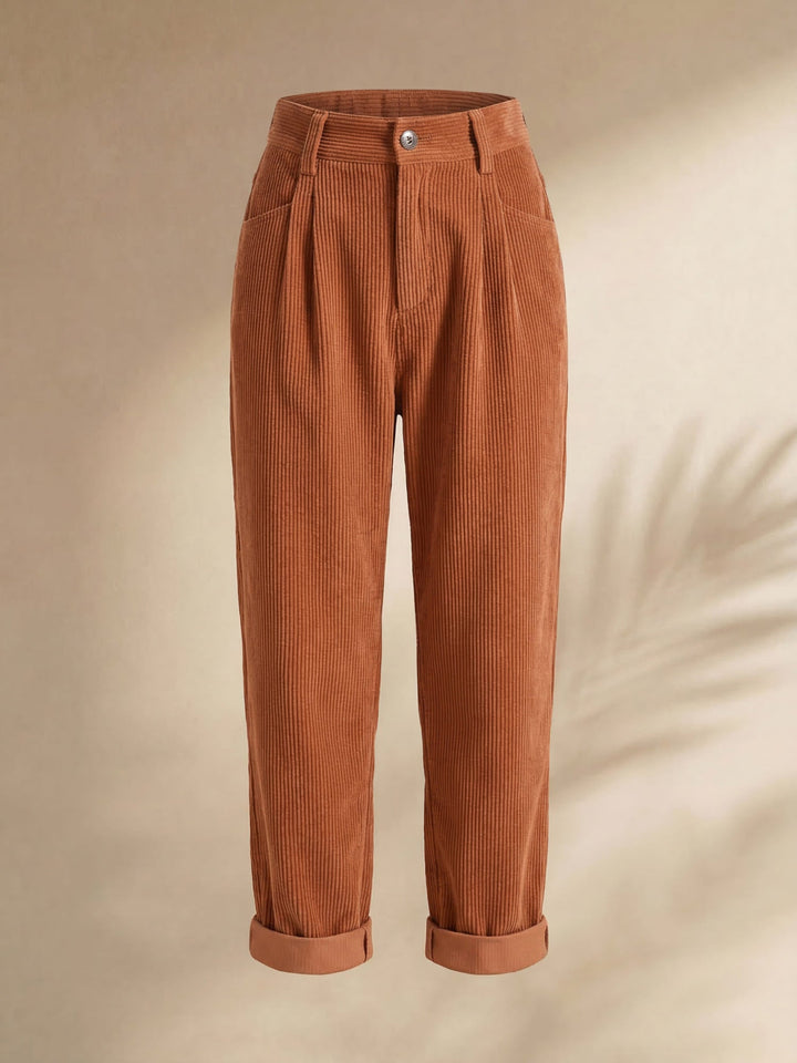 Women's high-waisted corduroy trousers with straight legs and cuffed hems